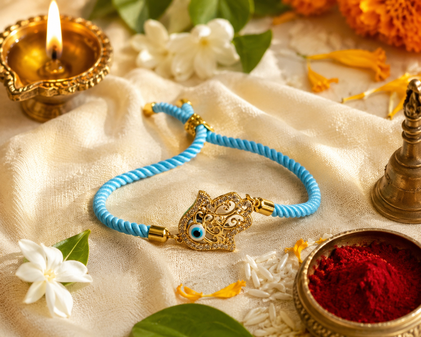 Sky Blue Hamsa Hand Evil Eye Rakhi with Gold Finish