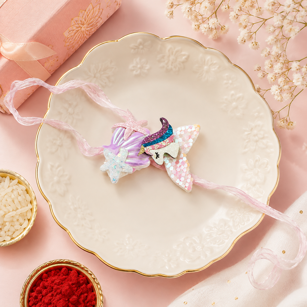 Cute Mermaid Starfish Kids Rakhi with Roli Chawal