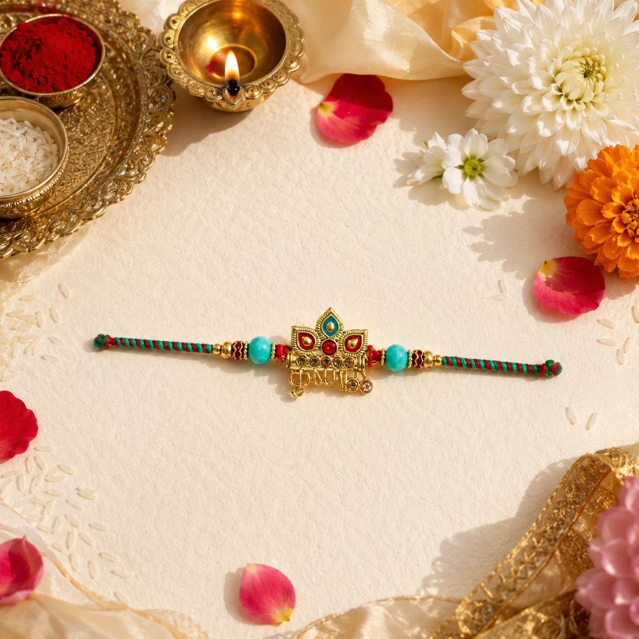 Colorful Enamel Designer Rakhi with Gold-Tone Charm and Braided Thread
