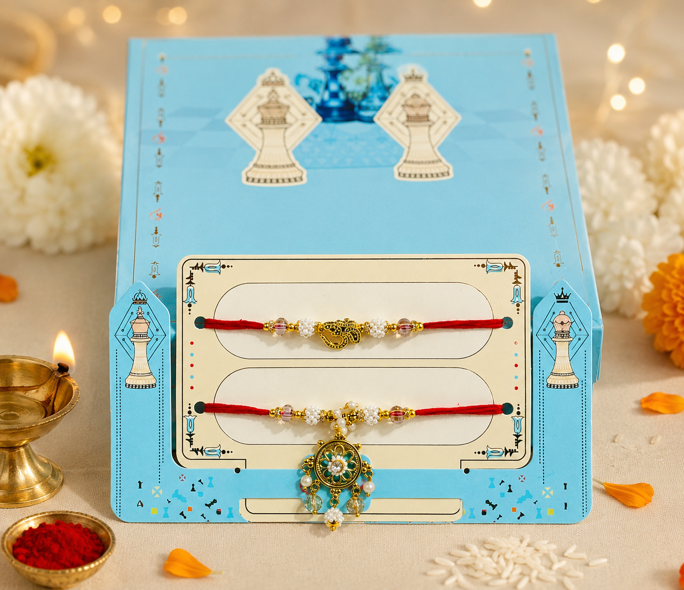 Designer Om Rakhi & Floral Lumba Set with Red Thread and Pearl Beads