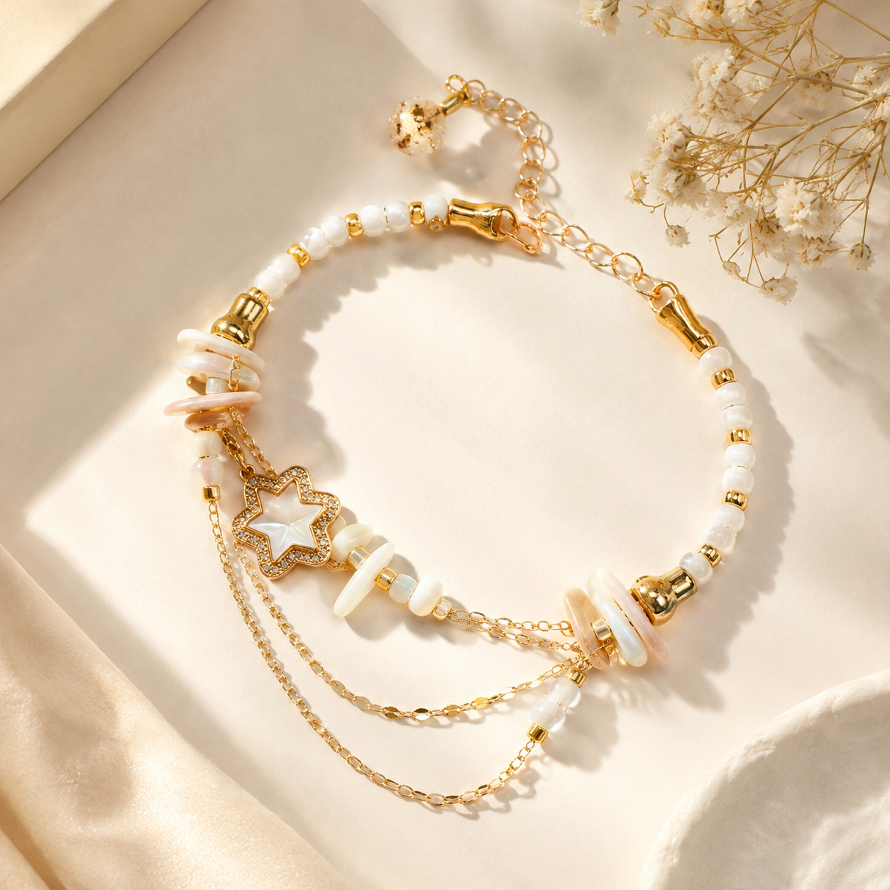 Luxury Gold-Tone White Beaded Charm Bracelet for Women