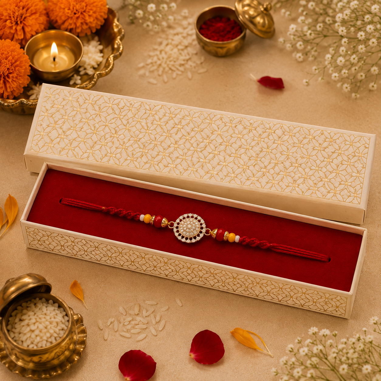 Premium AD Stone Rakhi with Roli Chawal Gift Box