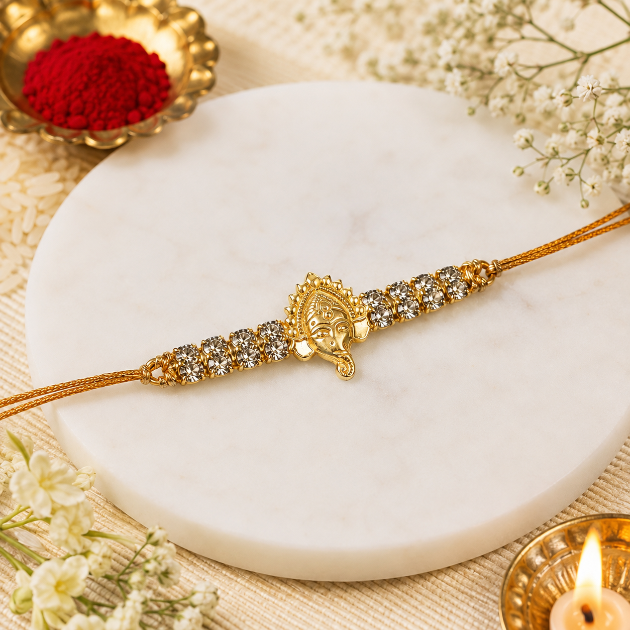 Premium Ganesha Designer Rakhi with Roli Chawal | Gold Finish Bhai Rakhi