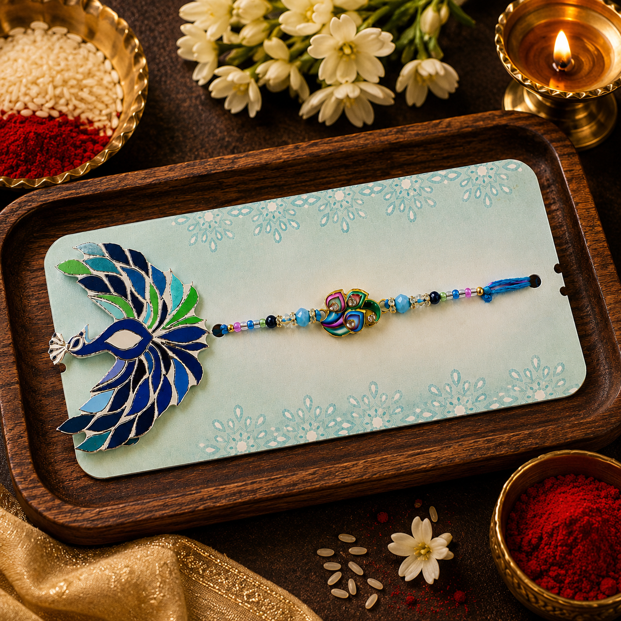 Premium Designer Peacock Rakhi with Roli & Chawal