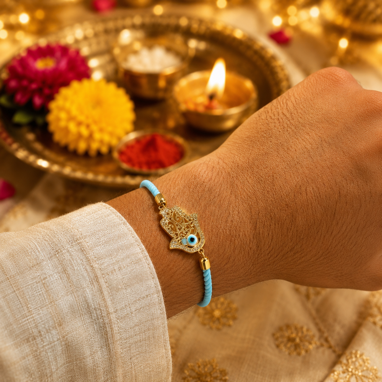 Sky Blue Hamsa Hand Evil Eye Rakhi with Gold Finish