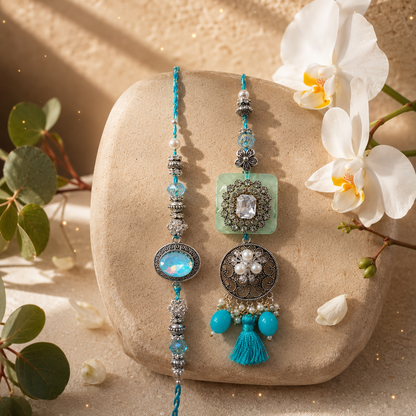 Blue Stone Bhai Bhabhi Rakhi Combo with Designer Lumba