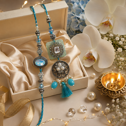 Blue Stone Bhai Bhabhi Rakhi Combo with Designer Lumba
