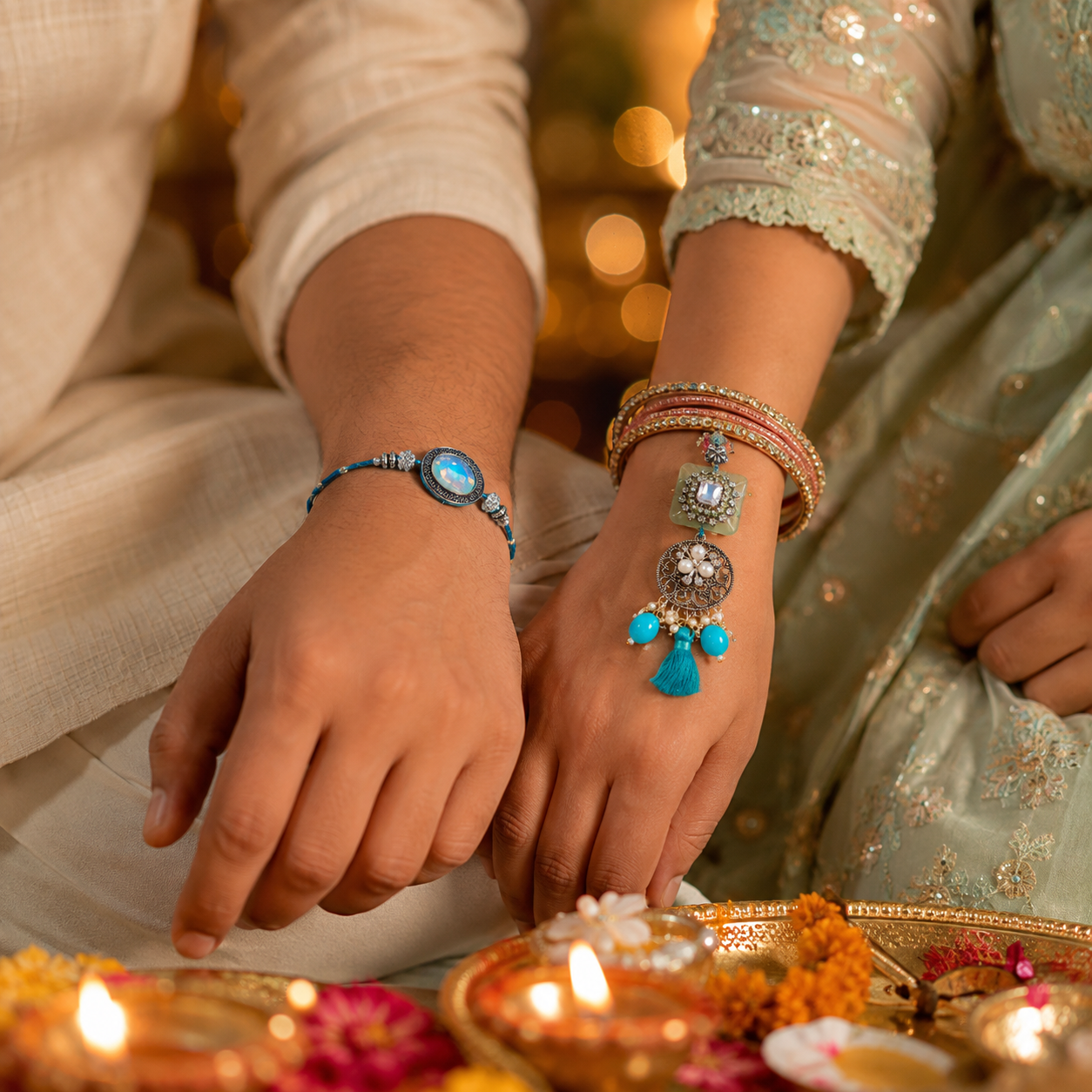Blue Stone Bhai Bhabhi Rakhi Combo with Designer Lumba