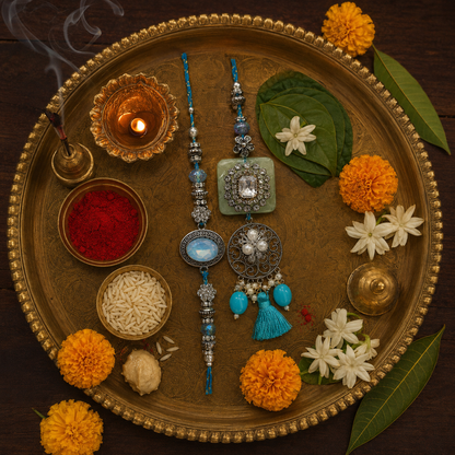 Blue Stone Bhai Bhabhi Rakhi Combo with Designer Lumba