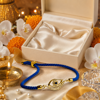 Blue Evil Eye Designer Rakhi with Gold Tone Crystal Charm