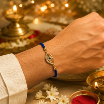 Blue Evil Eye Designer Rakhi with Gold Tone Crystal Charm