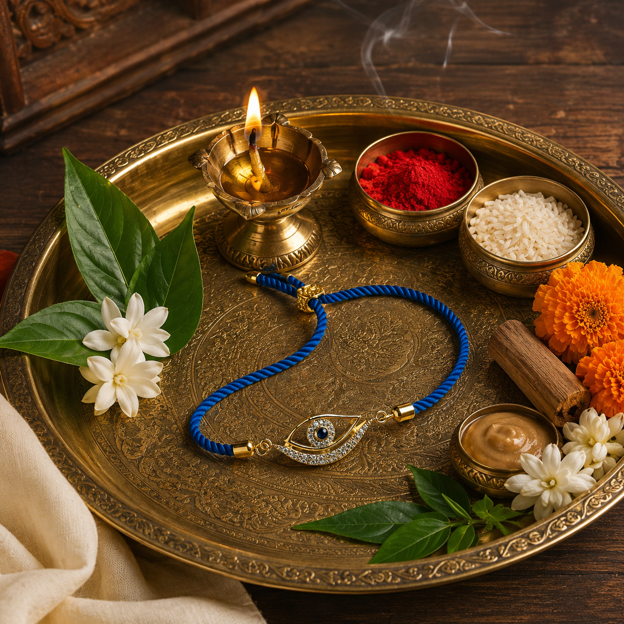 Blue Evil Eye Designer Rakhi with Gold Tone Crystal Charm