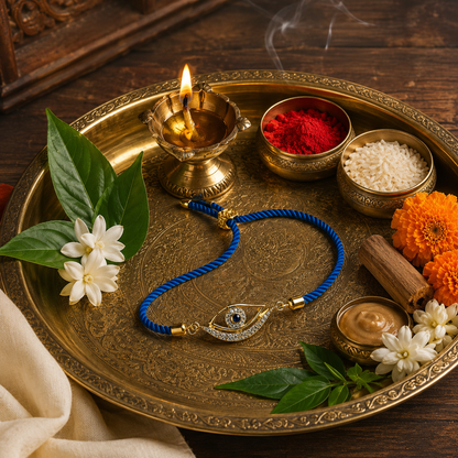 Blue Evil Eye Designer Rakhi with Gold Tone Crystal Charm