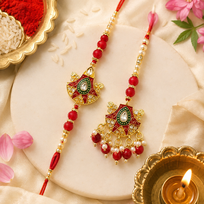 Premium Designer Rakhi & Lumba Set with Roli Chawal | Elegant Bhai Bhabhi Rakhi Set