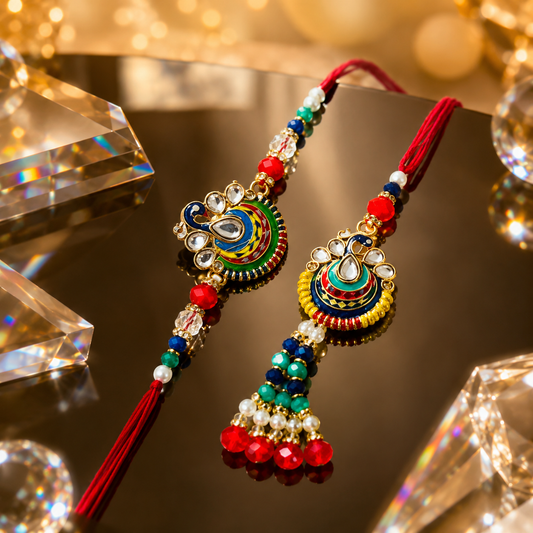 Colorful Peacock Designer Rakhi & Lumba Bracelet Combo for Raksha Bandhan