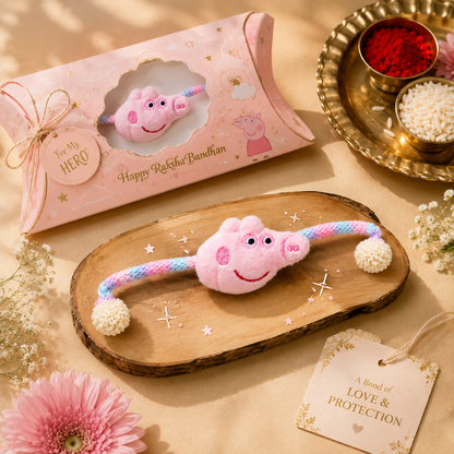 Cute Pink Cartoon Pig Kids Rakhi with Roli Chawal | Soft Plush Rakhi for Boys & Girls