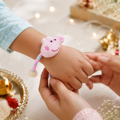 Cute Pink Cartoon Pig Kids Rakhi with Roli Chawal | Soft Plush Rakhi for Boys & Girls