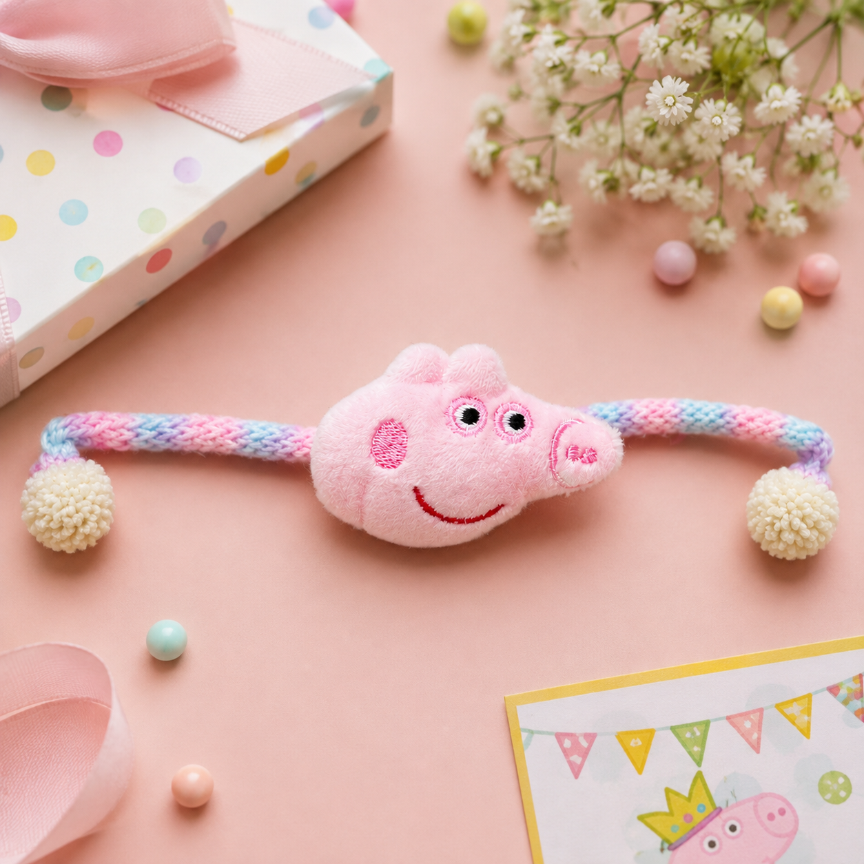 Cute Pink Cartoon Pig Kids Rakhi with Roli Chawal | Soft Plush Rakhi for Boys & Girls