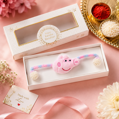 Cute Pink Cartoon Pig Kids Rakhi with Roli Chawal | Soft Plush Rakhi for Boys & Girls