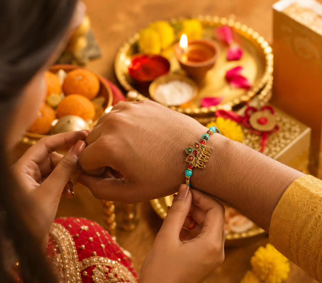 Colorful Enamel Designer Rakhi with Gold-Tone Charm and Braided Thread