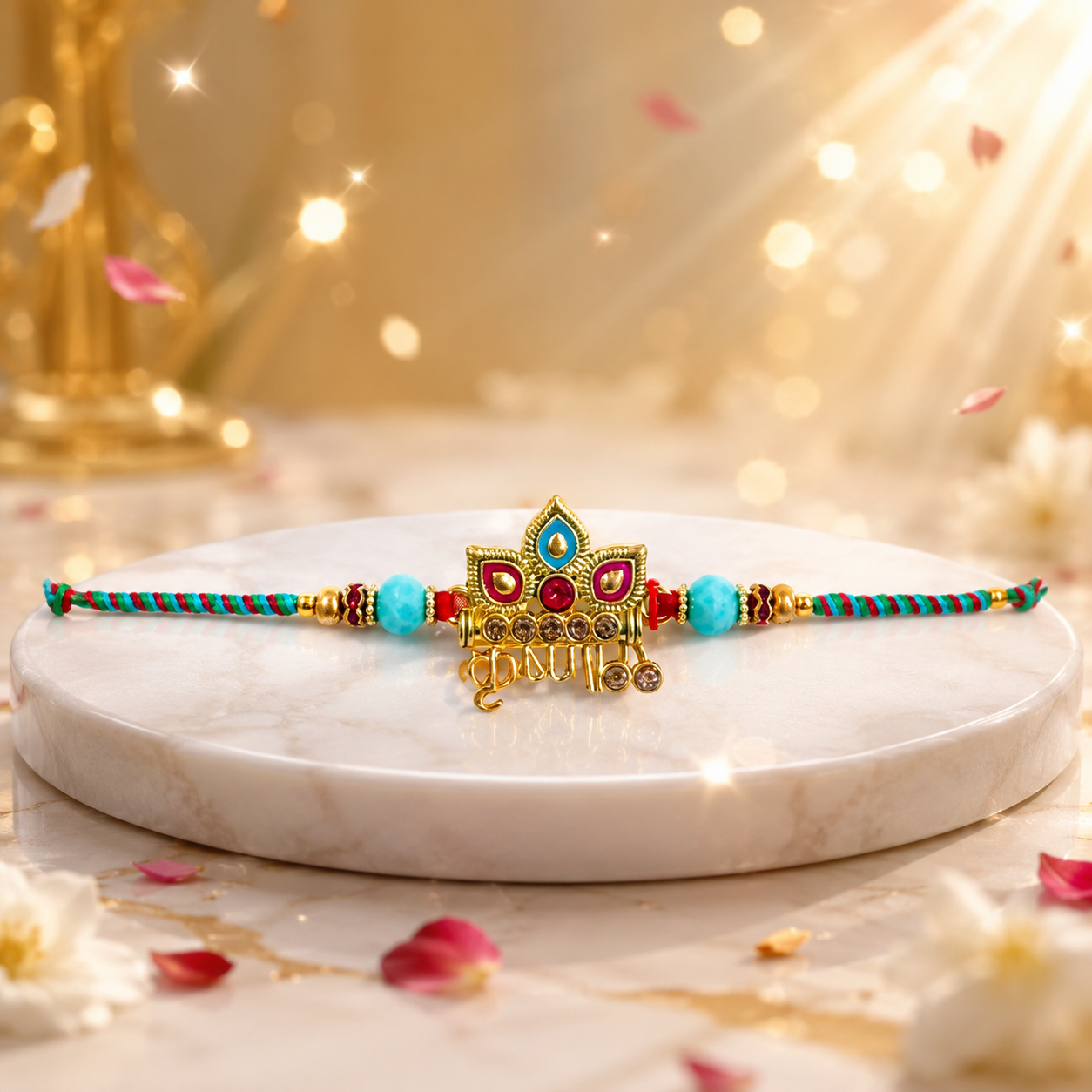 Colorful Enamel Designer Rakhi with Gold-Tone Charm and Braided Thread