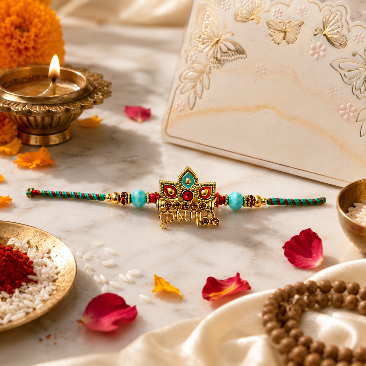 Colorful Enamel Designer Rakhi with Gold-Tone Charm and Braided Thread