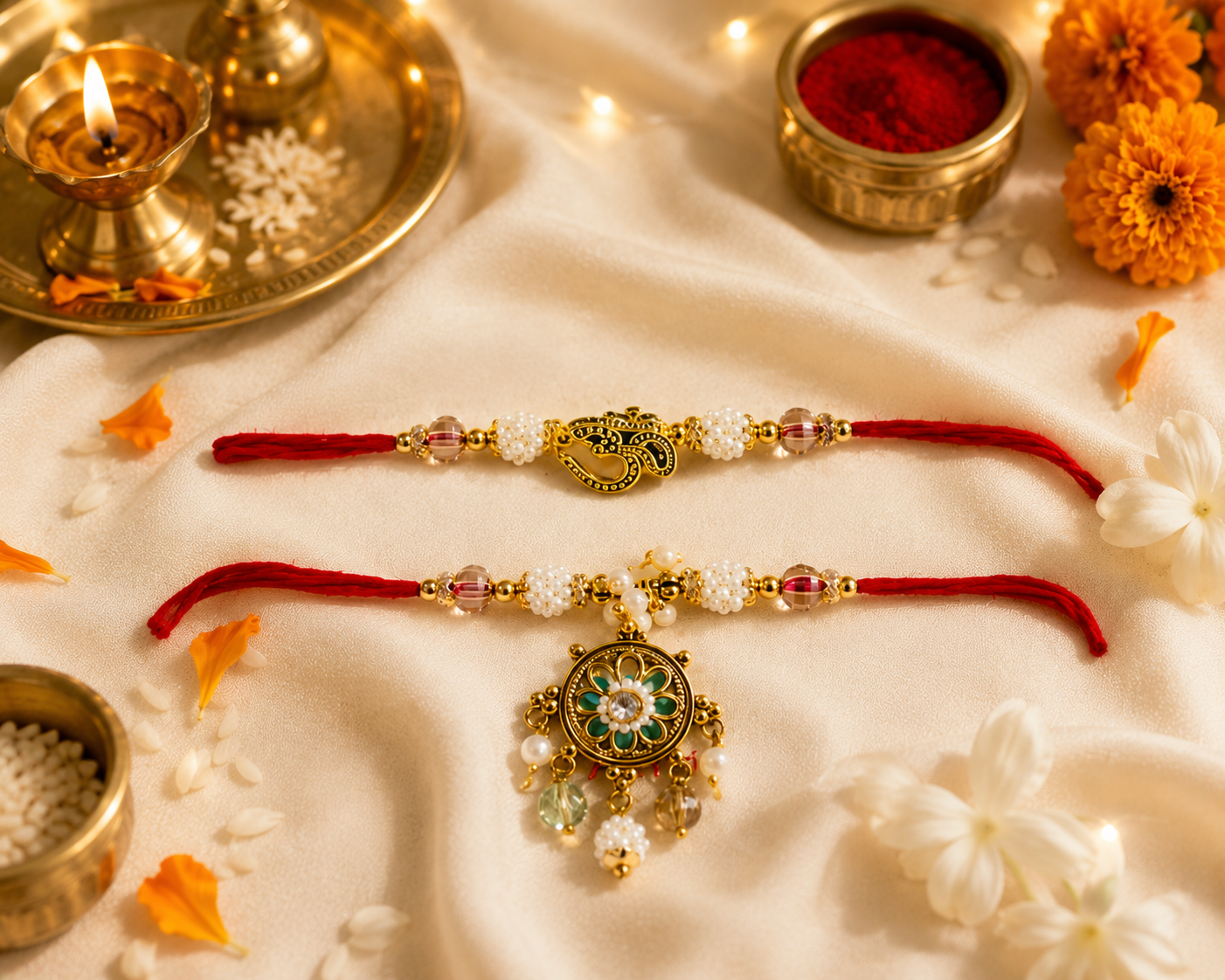 Designer Om Rakhi & Floral Lumba Set with Red Thread and Pearl Beads