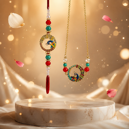 Designer Peacock Rakhi & Matching Bracelet Combo for Raksha Bandhan
