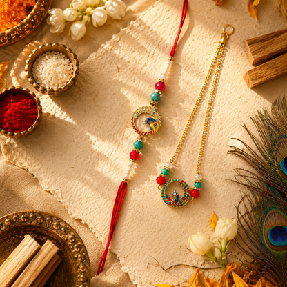Designer Peacock Rakhi & Matching Bracelet Combo for Raksha Bandhan