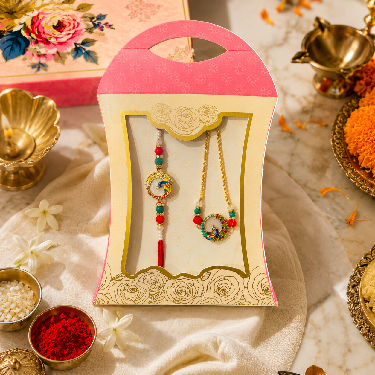 Designer Peacock Rakhi & Matching Bracelet Combo for Raksha Bandhan
