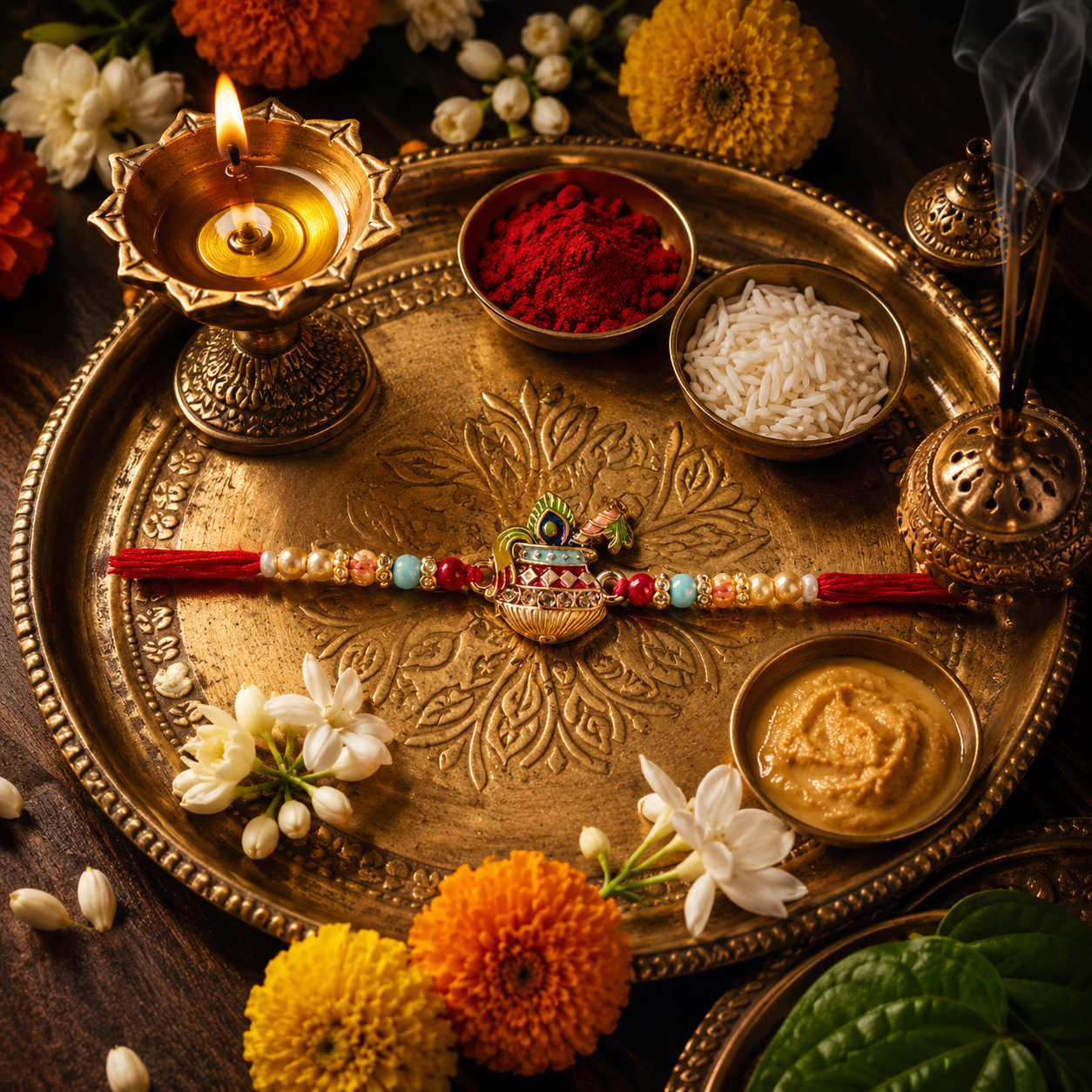 Handcrafted Krishna Matki Rakhi with Red Thread, Pearl & Bead Design