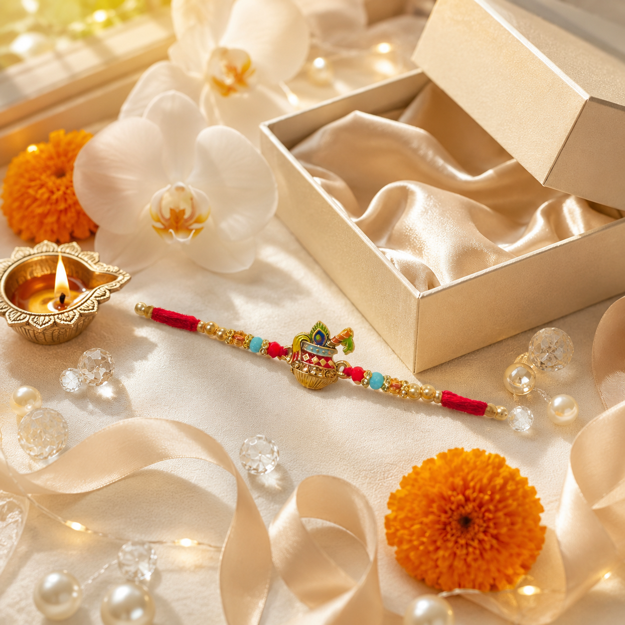 Handcrafted Krishna Matki Rakhi with Red Thread, Pearl & Bead Design