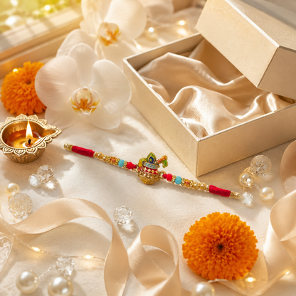 Handcrafted Krishna Matki Rakhi with Red Thread, Pearl & Bead Design