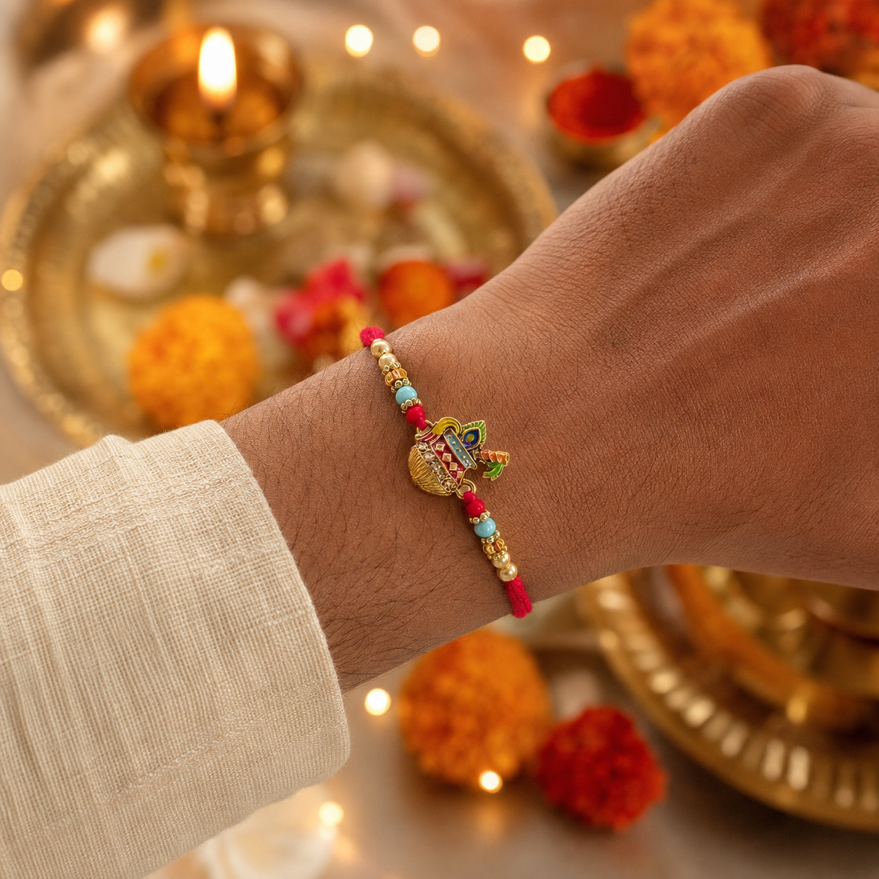 Handcrafted Krishna Matki Rakhi with Red Thread, Pearl & Bead Design
