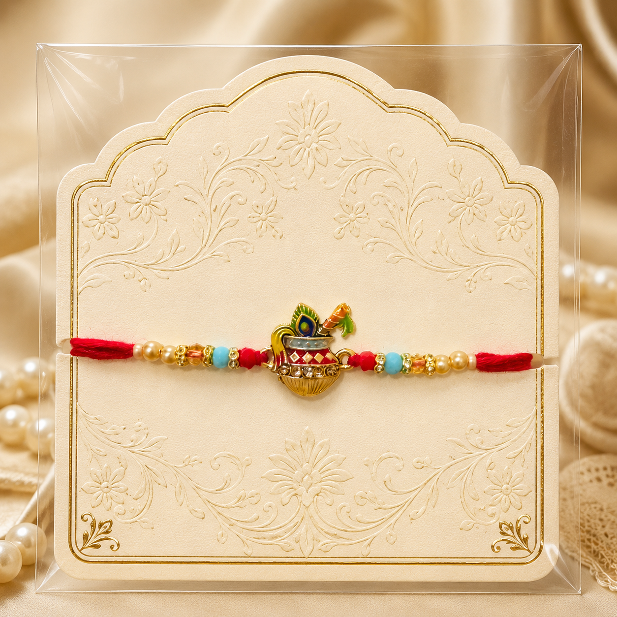 Handcrafted Krishna Matki Rakhi with Red Thread, Pearl & Bead Design