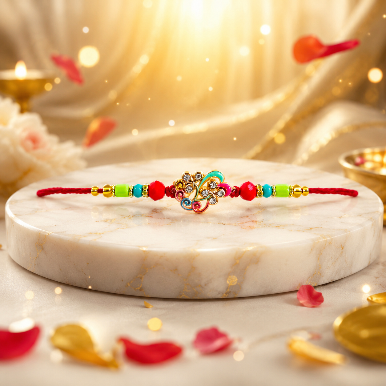 Handcrafted Multicolor Beaded Designer Rakhi with Red Thread