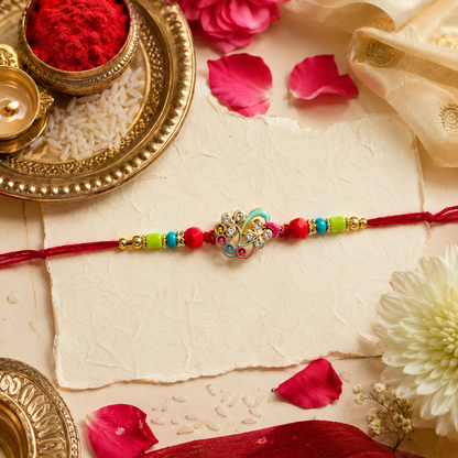 Handcrafted Multicolor Beaded Designer Rakhi with Red Thread