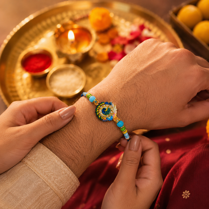 Handcrafted Blue Peacock Rakhi with Decorative Beads for Brother