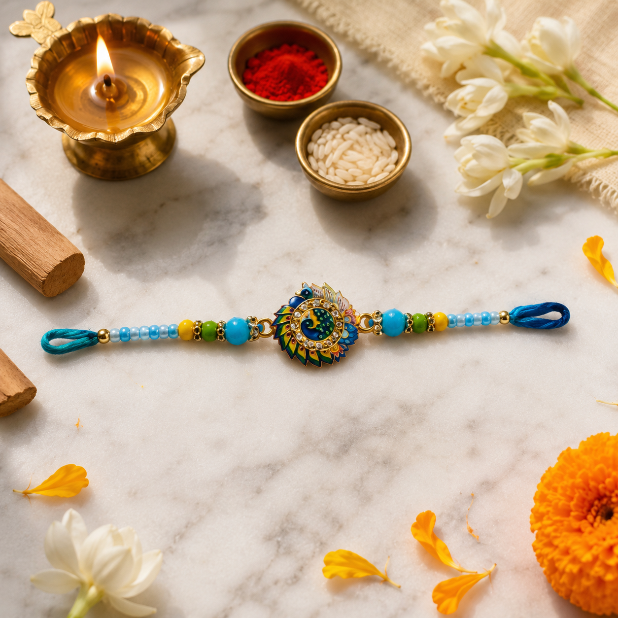 Handcrafted Blue Peacock Rakhi with Decorative Beads for Brother