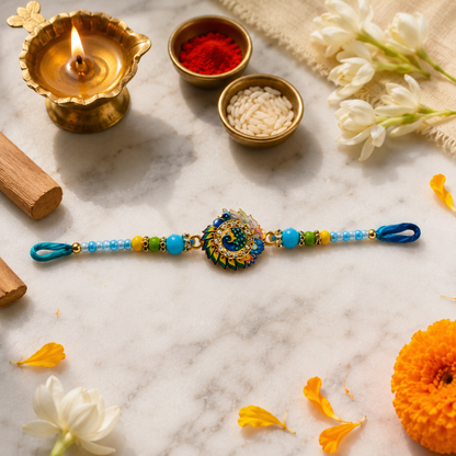 Handcrafted Blue Peacock Rakhi with Decorative Beads for Brother