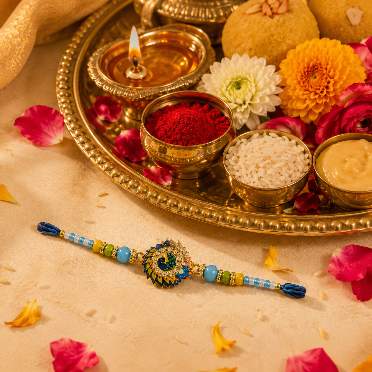 Handcrafted Blue Peacock Rakhi with Decorative Beads for Brother