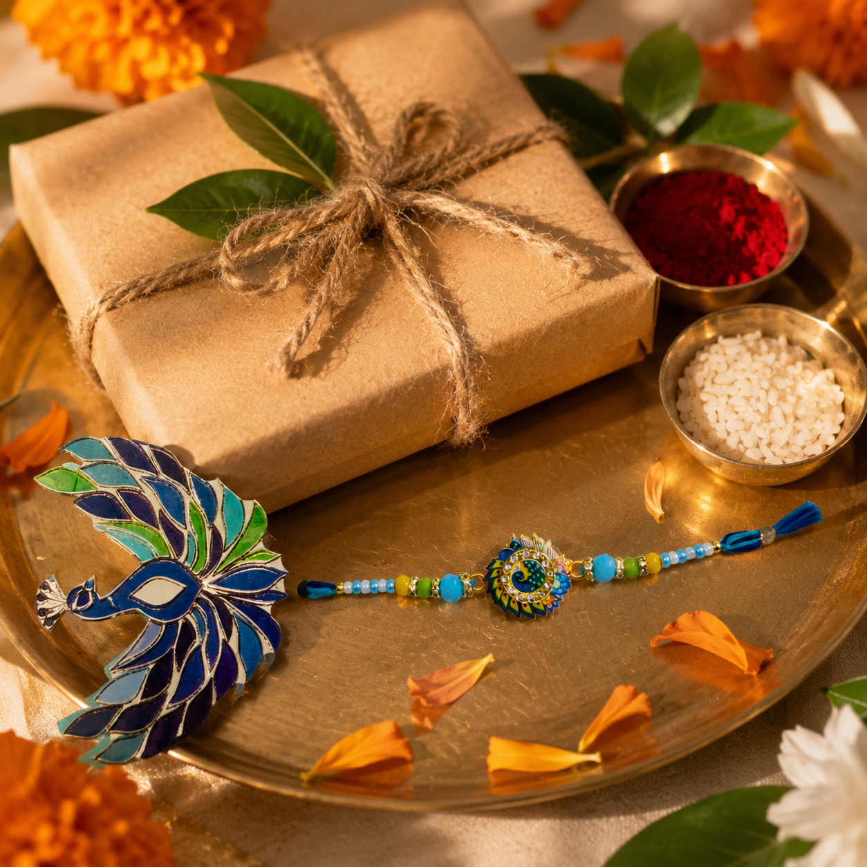 Handcrafted Blue Peacock Rakhi with Decorative Beads for Brother