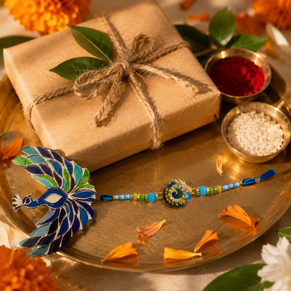 Handcrafted Blue Peacock Rakhi with Decorative Beads for Brother