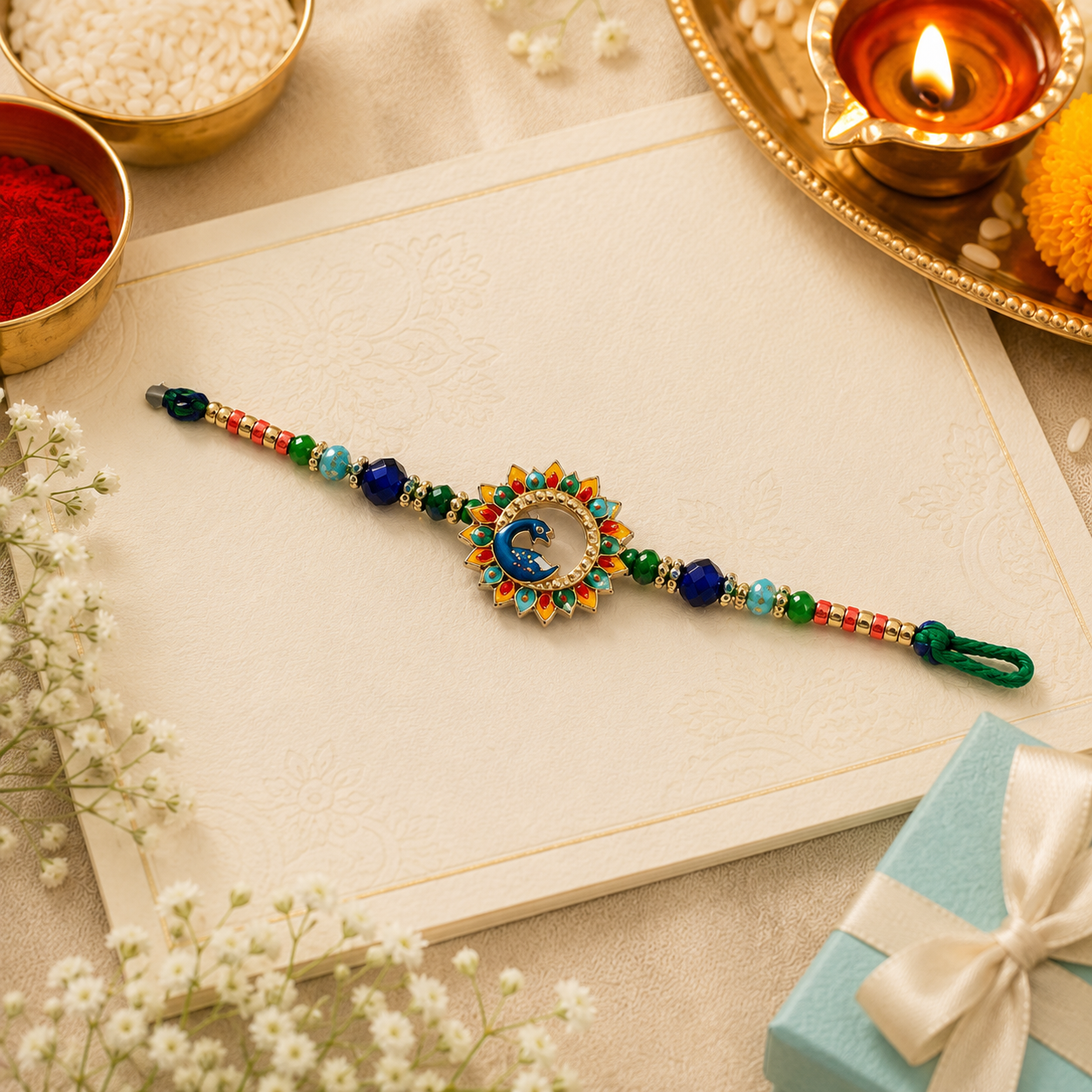 Peacock Designer Rakhi for Brother | Handmade Premium  Rakhi with Roli & Chawal