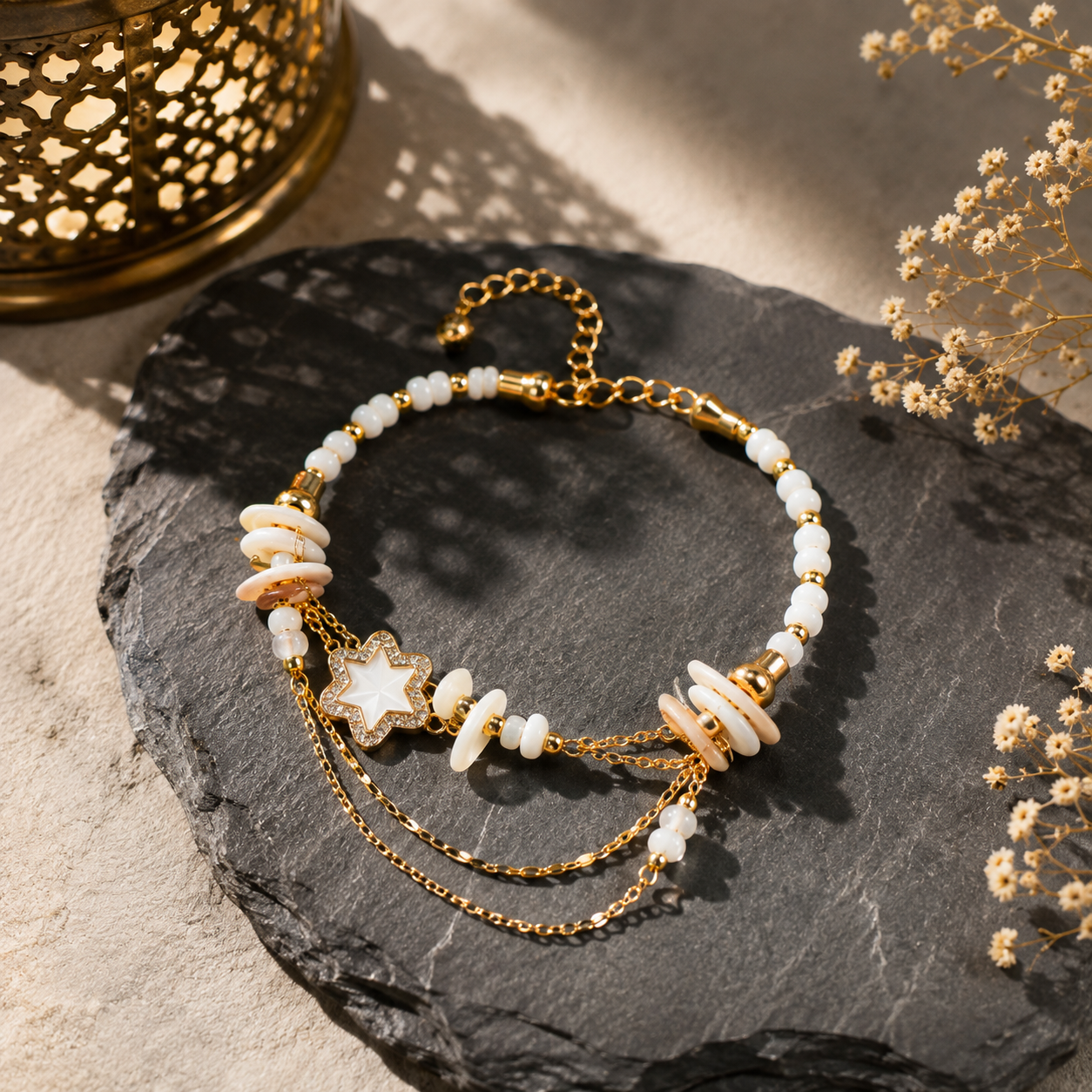 Luxury Gold-Tone White Beaded Charm Bracelet for Women