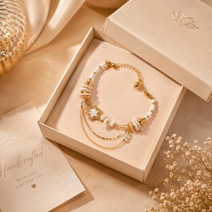 Luxury Gold-Tone White Beaded Charm Bracelet for Women