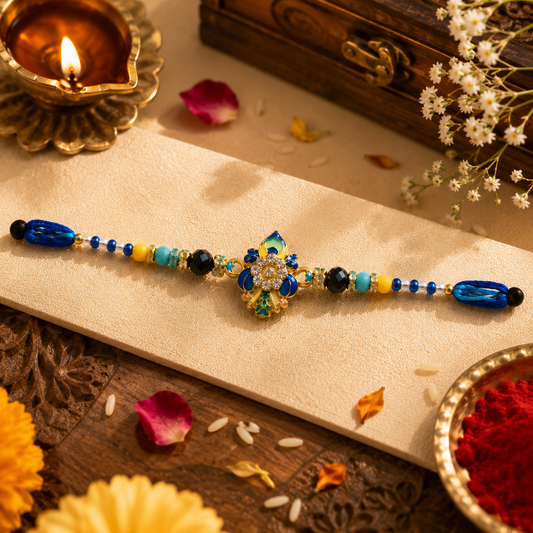 Peacock Designer Rakhi for Brother | Premium Blue Stone Rakhi