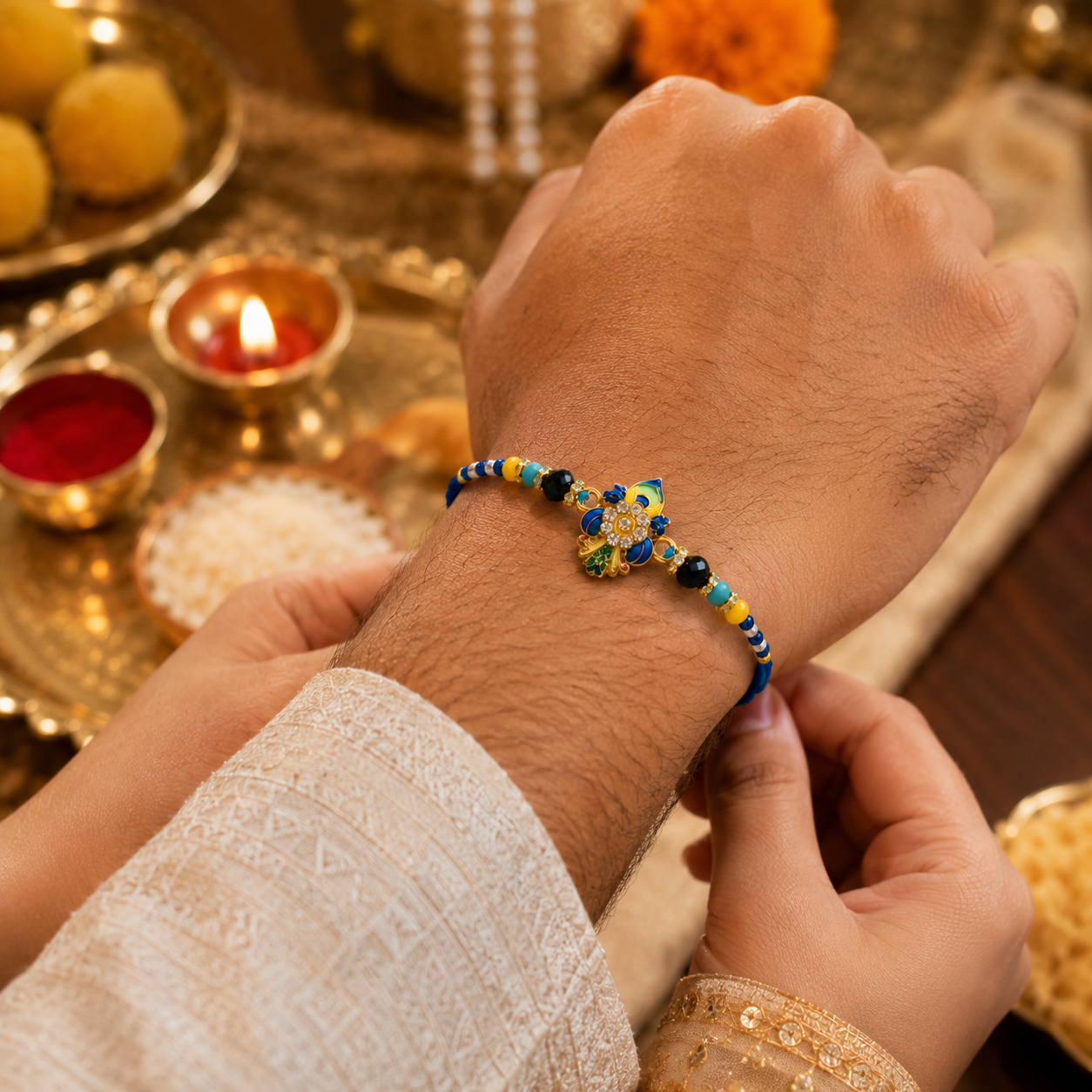 Peacock Designer Rakhi for Brother | Premium Blue Stone Rakhi