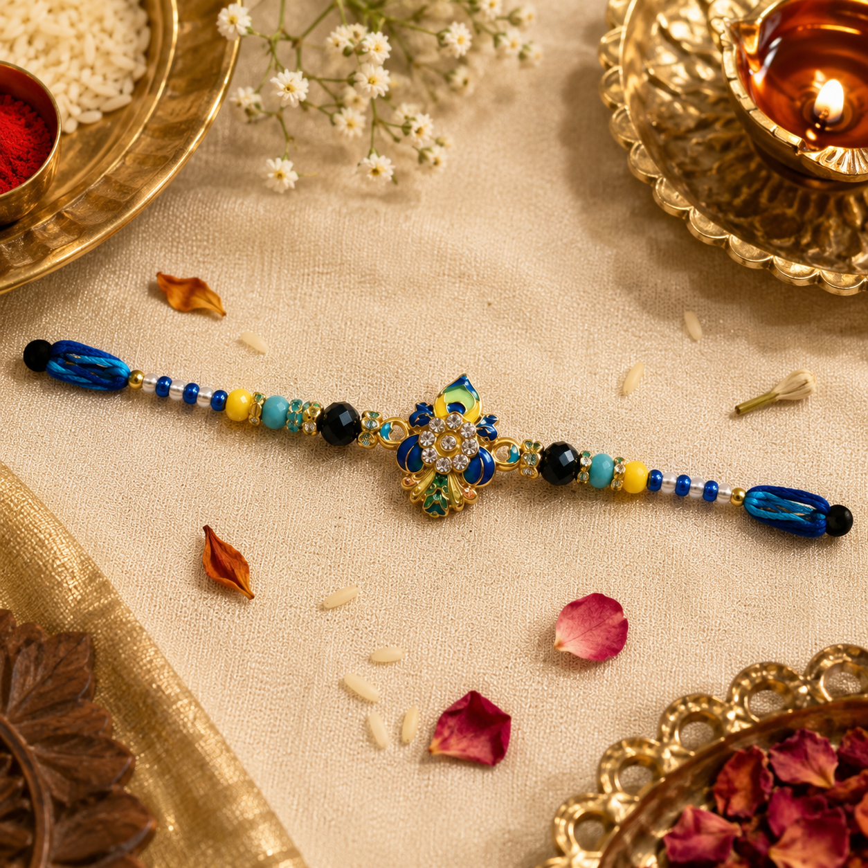 Peacock Designer Rakhi for Brother | Premium Blue Stone Rakhi