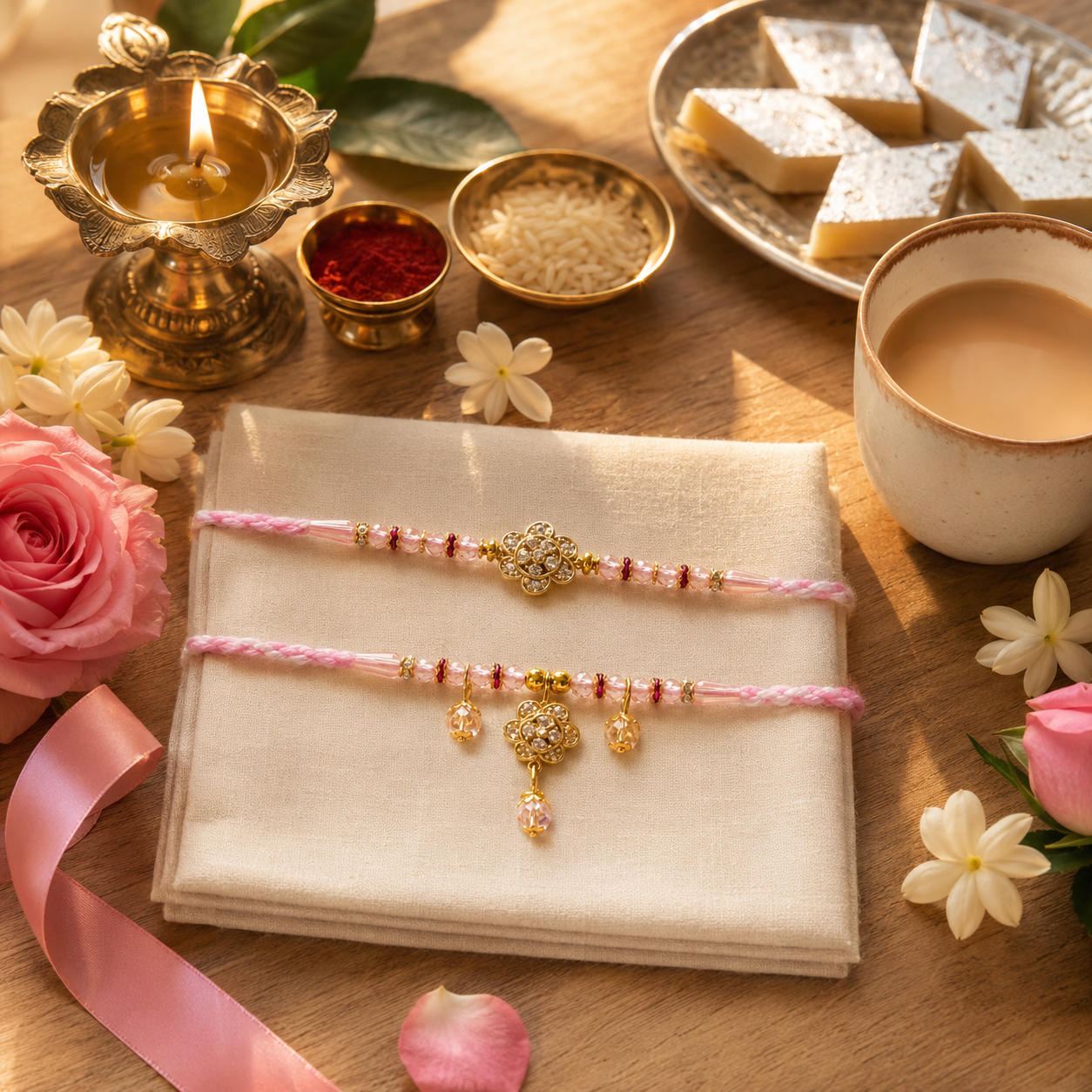 Pink Floral Bhai Bhabhi Rakhi Combo with Crystal Lumba